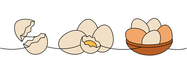 Set of chicken eggs one line colored continuous drawing. Boiled eggs, broken eggshell, omelette, protein and yolk. Vector illustration