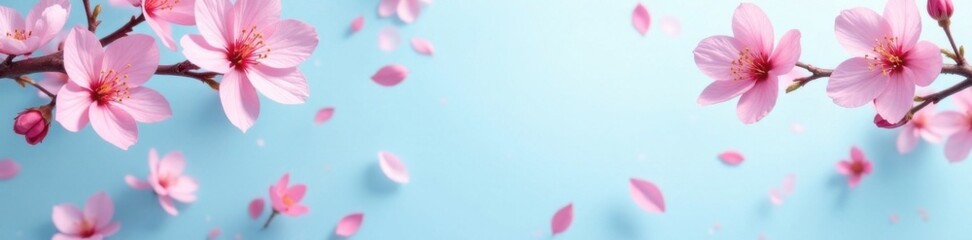 Obraz premium Pink sakura petals scattered on a pale blue background, springtime scenery, pastel pink