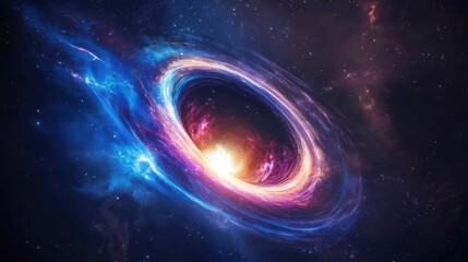 A colorful illustration of a powerful black hole in space