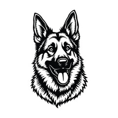 High-Quality German Shepherd Silhouette for T-Shirts and Tattoos, Stylized German Shepherd Dog Head Logo Design, Detailed Black and White German Shepherd Vector Illustration