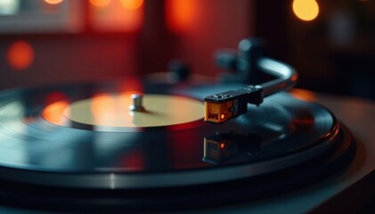 Phonograph with gramophone needle on turntable, mechanical music device, record player