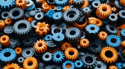 Aesthetic arrangement of mechanical gears in grey, blue and orange hues