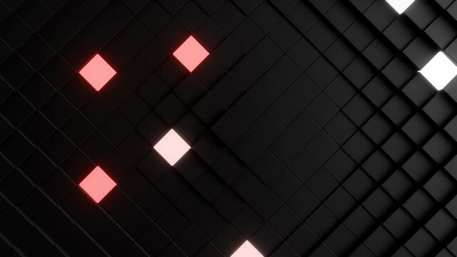 abstract geometric 3d background, square tiles, colorful glowing pieces, 4k loop, futuristic technology animated backdrop wallpaper