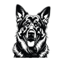 High-Quality German Shepherd Silhouette for T-Shirts and Tattoos, Stylized German Shepherd Dog Head Logo Design, Detailed Black and White German Shepherd Vector Illustration