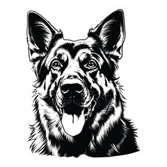 High-Quality German Shepherd Silhouette for T-Shirts and Tattoos, Stylized German Shepherd Dog Head Logo Design, Detailed Black and White German Shepherd Vector Illustration