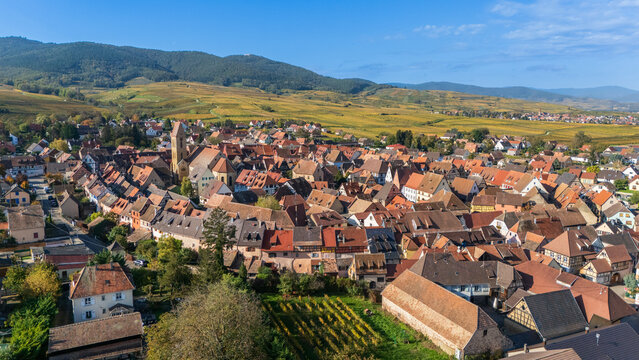 Eguisheim is a medieval village in France&rsquo;s Alsace wine region, France, Drone Photography