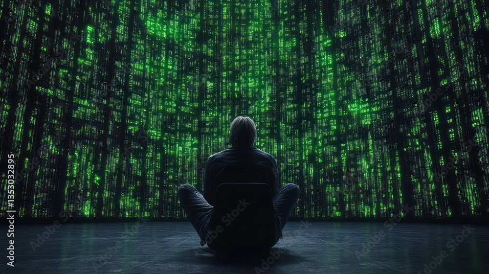 Poster lost in the digital matrix: a man contemplates the vastness of code