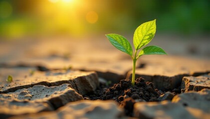 Sapling sprouting through cracked earth with morning sun, earthy, sunlight
