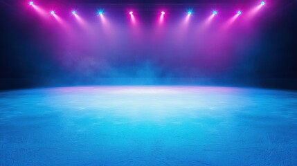 Ice Rink Background. Professional Arena illuminated blue, pink neon lights, spotlights with smoke. Copyspace. Winter poster for hockey competitions. Ice skating. Stadium.