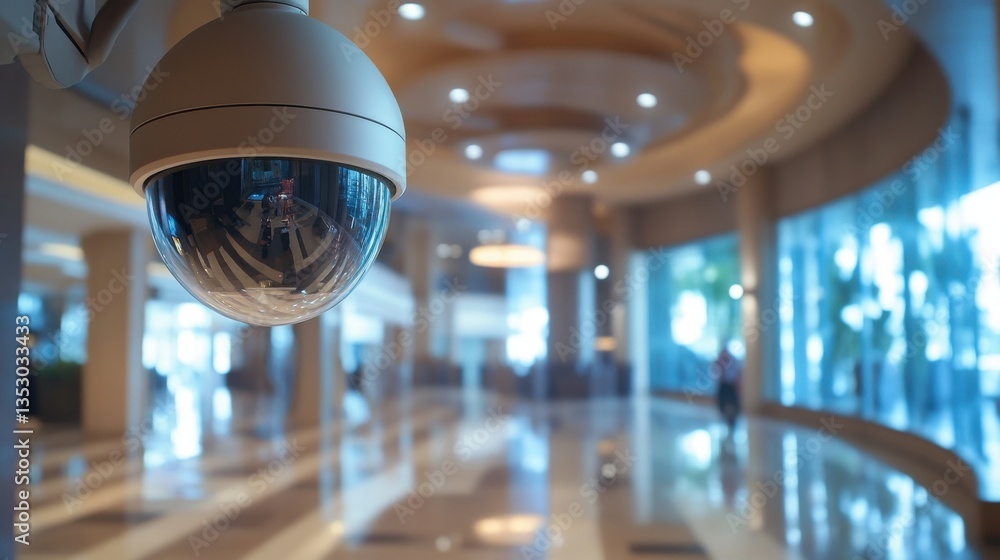 Poster a security camera attached to the ceiling in a hotel lobby, observing the guests entering and exitin