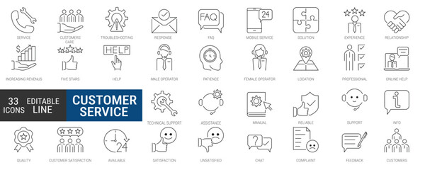 Customer service - editable line icon set. Includes icons for online help, fast response, feedback, technical support. Simple web vector illustrations.