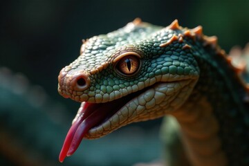 Fototapeta premium Serpentine face with forked tongue out, scales glistening in the light, serpents, reptile