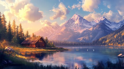 A picturesque log cabin nestled by a calm lake, embraced by vibrant trees and majestic mountains under a colorful sunset.
