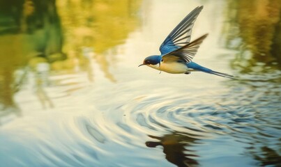 A swallow flying low over a river, catching insects, rippling water reflections