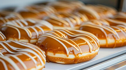 Freshly baked doughnuts topped with a thick caramel drizzle, highlighting their crispy edges and soft centers.