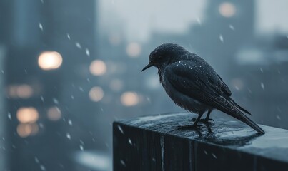 A swift sitting on a rain-soaked city ledge, wet feathers reflecting light