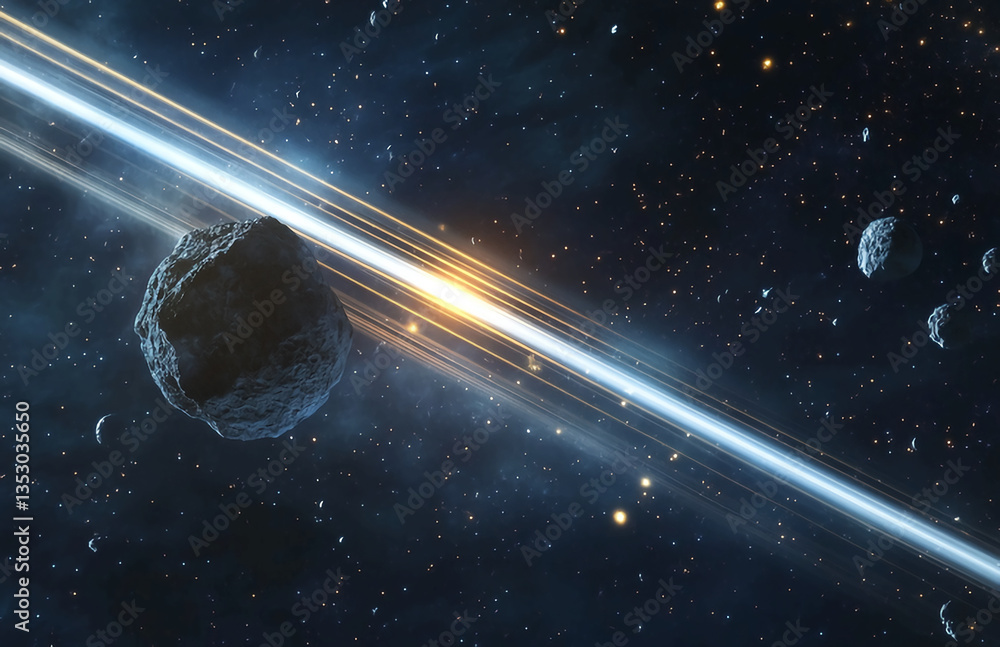 Wall mural asteroid field with bright light streaks and stars in a dark and vast cosmic background view