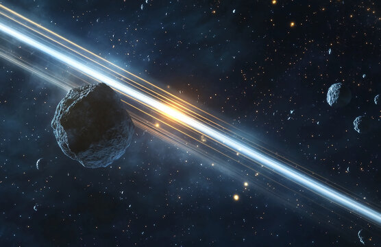Asteroid field with bright light streaks and stars in a dark and vast cosmic background view