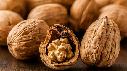 Close-up of walnuts on wooden surface, one cracked open revealing the kernel;  background blurred; perfect for food blogs or packaging