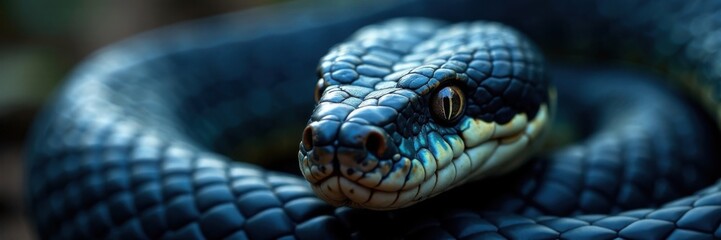 Fototapeta premium Snake's face closeup with dark blue scales and piercing eyes, herpetology, blue viper snake, venomous