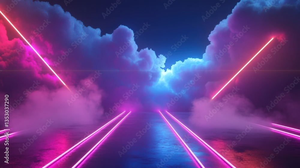 Aufkleber 3d render, abstract geometric background of colorful illuminated cloud and glowing neon linear lines