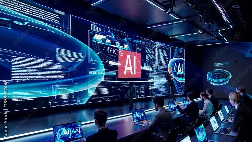 Poster advanced artificial intelligence control room with holographic displays, data visualization, and tea