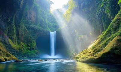 A waterfall is reflected in the water of a river