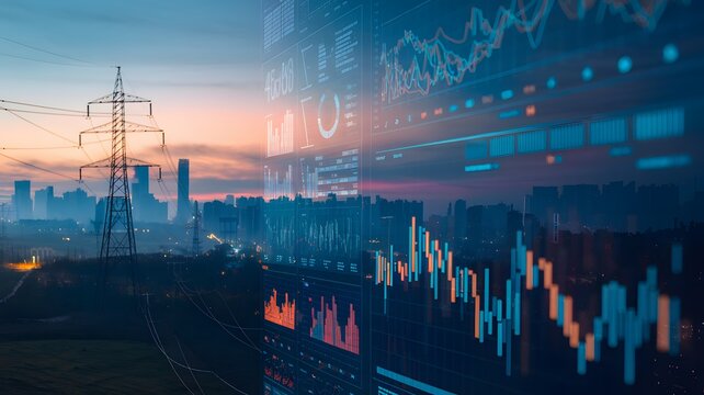 Powering Progress: An evocative fusion of urban infrastructure and financial data overlays, capturing the essence of technological and economic vitality.