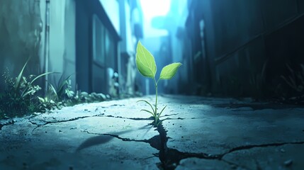 A vibrant green sprout emerges from a cracked, desolate pavement, symbolizing resilience and the enduring power of nature in an urban setting. The image evokes themes of hope and perseverance.