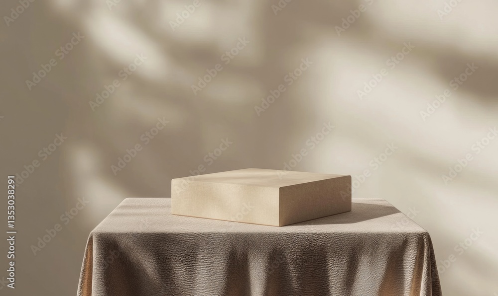Poster a square object is on a table with a patterned cloth