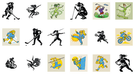 Diverse Female Athletes in Various Sports A Collection of Retro-Style Illustrations