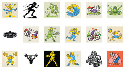 Diverse Collection of Retro-Style Sports and Fitness Illustrations