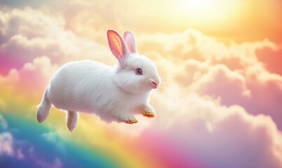 A white rabbit is flying through a rainbow