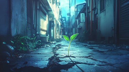 A vibrant plant sprout pushes through a cracked urban pavement, evoking themes of resilience, hope, and the enduring power of nature amidst urban decay.