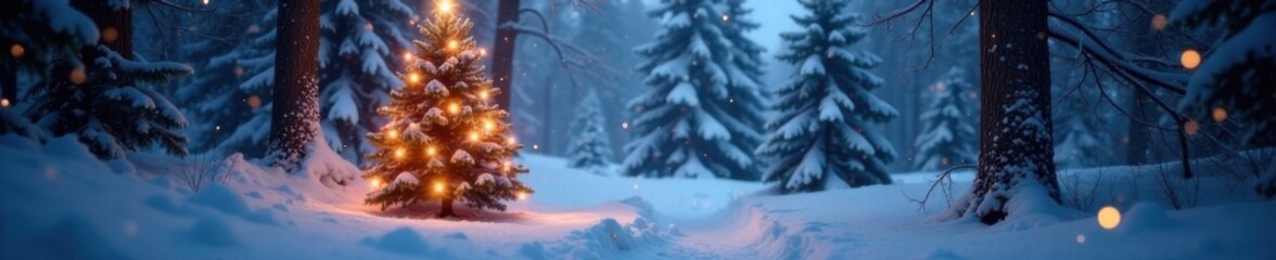 Snowy forest with Christmas tree and twinkling lights, winter wonderland, christmas trees, holiday decor