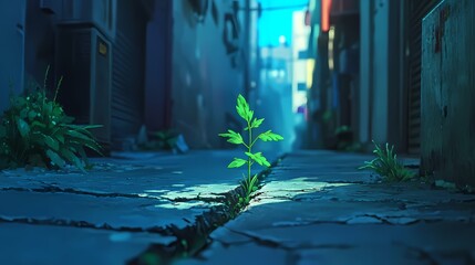 A tenacious plant pushes through a cracked pavement, symbolizing resilience and hope in a dimly lit urban alley. Light illuminates its vibrant green leaves.