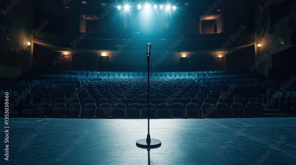 Poster an empty stage with a single microphone stand at the center, spotlight shining down, in front of row
