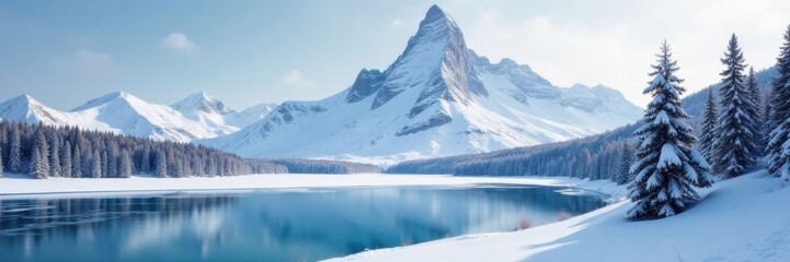 Snowy mountain peak with a frozen lake, snow-capped trees, and a serene sky, winter scenery, snowy peaks