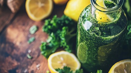 Refreshing Green Smoothie with Fresh Lemons and Herbs in a Glass Bottle