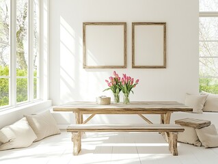 Rustic dining room mockup with pink tulips and blank frames