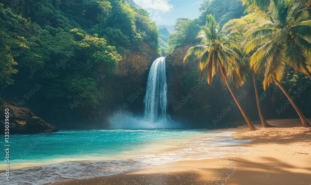 Poster a waterfall is in the foreground of a beach with palm trees in the background