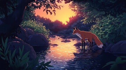 A fox stands in a stream, reflecting the sunset. Trees frame the scene. The image portrays a tranquil forest setting.