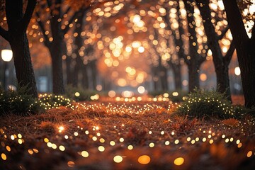 Enchanting Bokeh Art Display Featuring Rustic Autumn Leaves and Glimmering Tree Lights