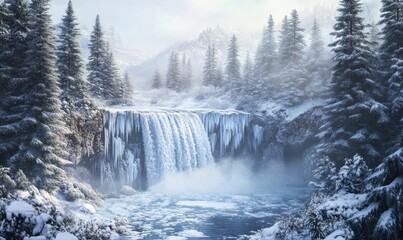 Fototapeta premium A frozen waterfall is surrounded by trees and snow