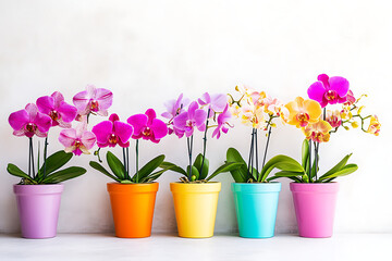 Vibrant Orchids in Colorful Pots Against a Soft Pastel Backdrop