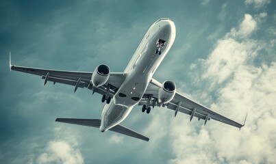 Obraz premium A white airplane is flying through the sky