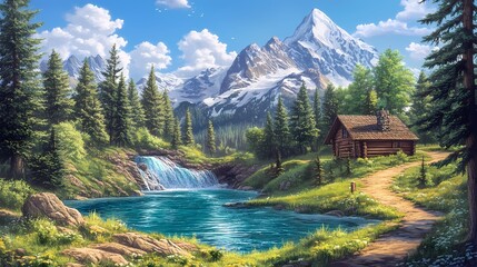 A tranquil landscape featuring a wooden cabin near a waterfall, lush green trees, and majestic snow-capped mountains under a vibrant blue sky.