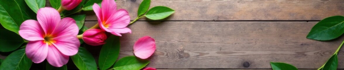 Fototapeta premium Soft pink petal arrangement amidst lush greenery on a natural woodgrain background, bloom, spring