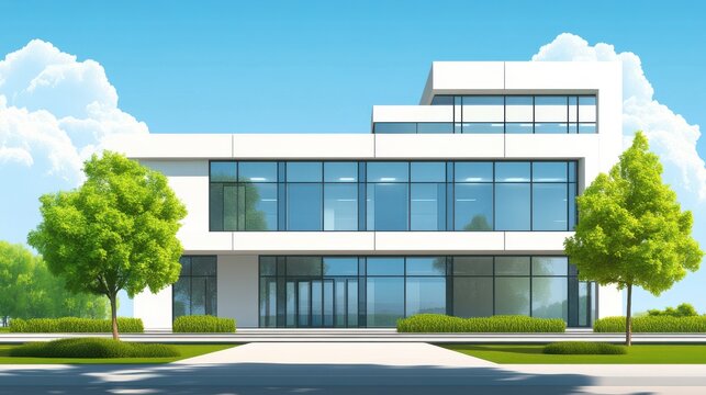 modern office building with green trees