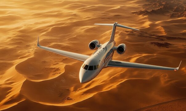 A white jet plane is flying over a desert